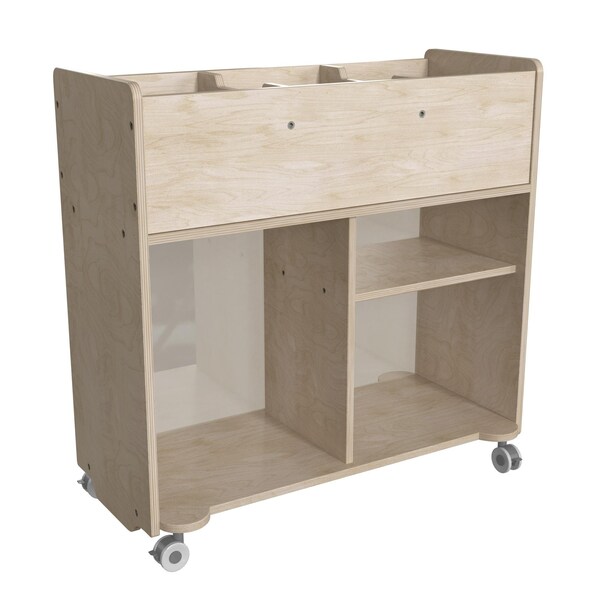 Flash Furniture Bright Beginnings Commercial Double Sided Space Saving Wooden Mobile Storage Cart with Clear Back, Locking Casters and 6 Storage Compartments, Natural - MK-KE24268-GG