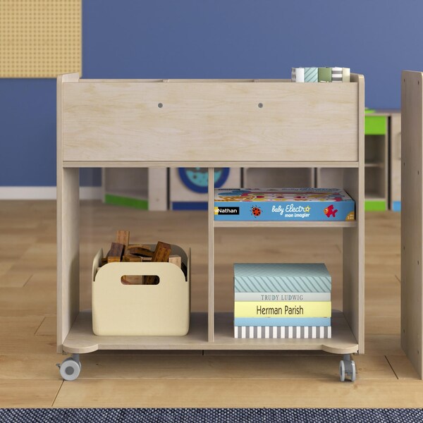 Flash Furniture Bright Beginnings Commercial Double Sided Space Saving Wooden Mobile Storage Cart with Clear Back, Locking Casters and 6 Storage Compartments, Natural - MK-KE24268-GG