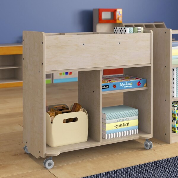 Flash Furniture Bright Beginnings Commercial Double Sided Space Saving Wooden Mobile Storage Cart with Clear Back, Locking Casters and 6 Storage Compartments, Natural - MK-KE24268-GG