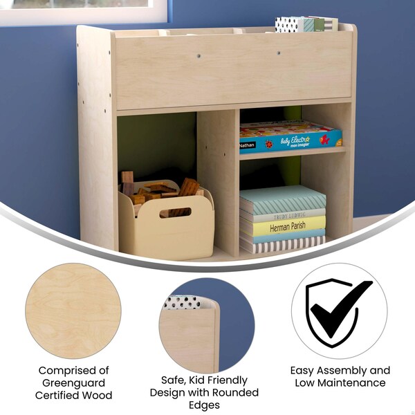 Flash Furniture Bright Beginnings Commercial Double Sided Space Saving Wooden Mobile Storage Cart with Clear Back, Locking Casters and 6 Storage Compartments, Natural - MK-KE24268-GG