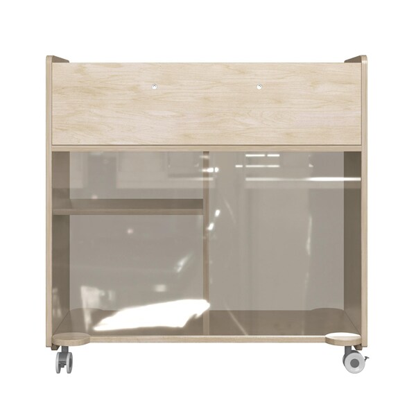 Flash Furniture Bright Beginnings Commercial Double Sided Space Saving Wooden Mobile Storage Cart with Clear Back, Locking Casters and 6 Storage Compartments, Natural - MK-KE24268-GG