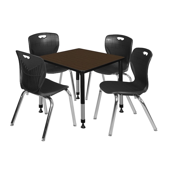 Regency Square Kee Adjustable Classroom Table W/ 4 Andy Stack Chairs, 30 in W, 30 in L, Neo Walnut - TB3030NWAPBK40BK