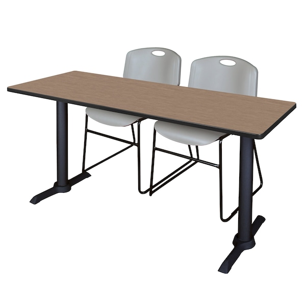 Regency Cain T-Base Training Seminar Table W/ 2 Zeng Stack Chairs, 66 in W, 24 in L, Noble Oak - MTRCT6624NO44GY