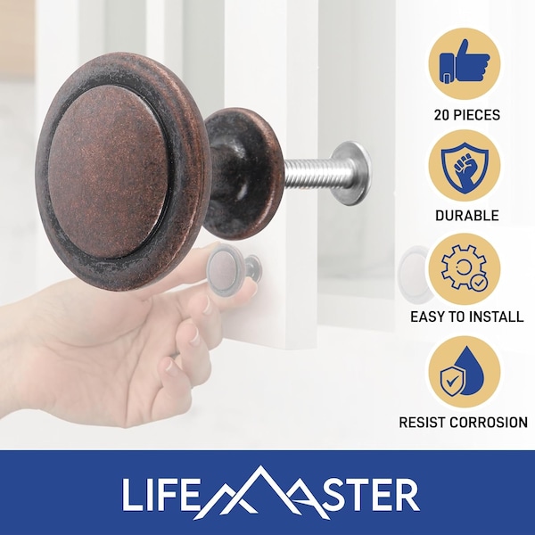 Lifemaster 1-1/4in Oil Rubbed Bronze Cabinet Knobs, Zinc Alloy, Rust-Proof, Easy Install, 25PK - LMKNBGLD25