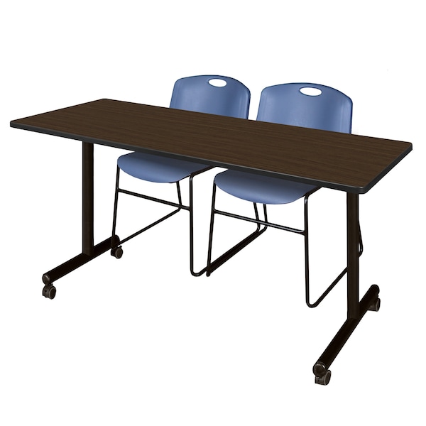 Regency Kobe Mobile T-Base Training Table W/ 2 Zeng Stack Chairs, 60 in W, 24 in L, Neo Walnut - MKTRCC6024NW44BE