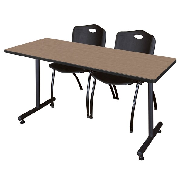Regency Kobe T-Base Training Seminar Table W/ 2 M Stack Chairs, 60 in W, 30 in L, Noble Oak - MKTRCT6030NO47BK