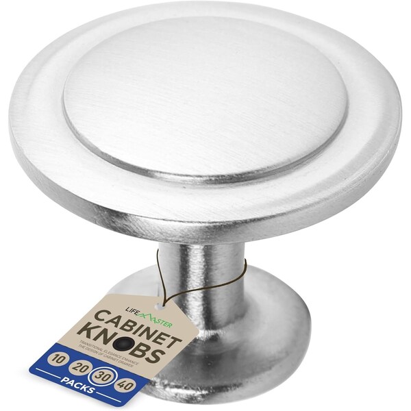 Lifemaster 1-1/4in Cabinet Knobs, Brushed Nickel, Modern Zinc Alloy, Adjustable Screws, 30PK - LMKNBNICK30