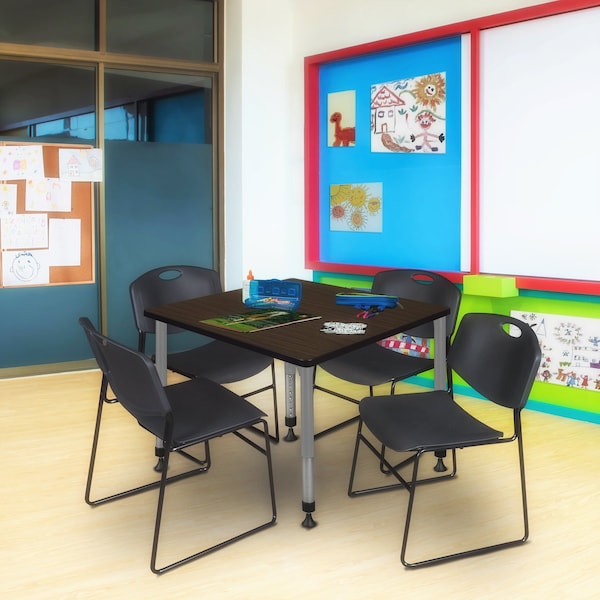 Regency Square Kee Adjustable Classroom Table W/ 4 Zeng Stack Chairs, 36 in W, 30 in L, Neo Walnut - TB3636NWAPGY44BK