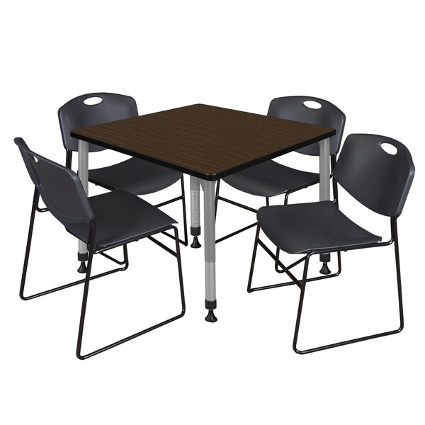Regency Square Kee Adjustable Classroom Table W/ 4 Zeng Stack Chairs, 36 in W, 30 in L, Neo Walnut - TB3636NWAPGY44BK