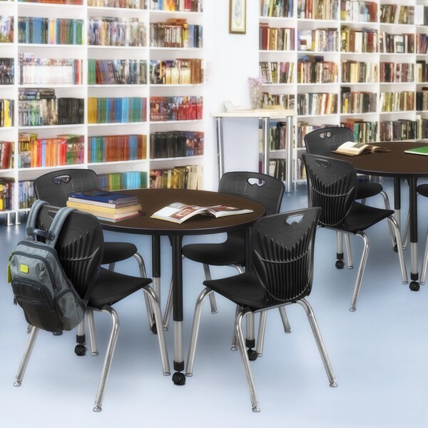 Regency Round Kee Mobile Adjustable Classroom Table W/ 4 Andy Chairs, 36 in W, 36 in L, Neo Walnut - TB36RNDNWAPCBK40BK