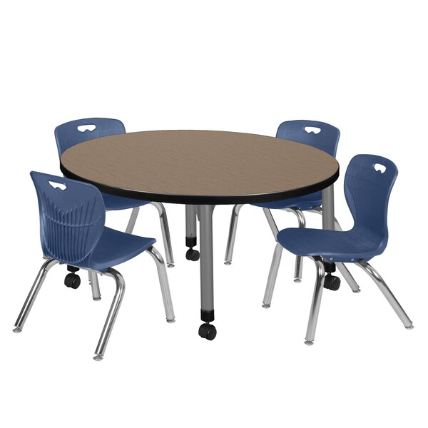 Regency Round Kee Mobile Adjustable Classroom Table W/ 4 Andy Chairs, 36 in W, 36 in L, Noble Oak - TB36RNDNOAPCGY45NV