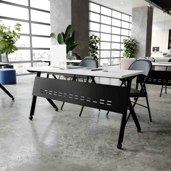 Flash Furniture Davis 60in. x 24in. HD Nesting Table w/Y-Legs, Modesty Panel, 1in. Thick White Tabletop, Blk Frame - MT-M6024-Y-LEG-WHTBLK-GG
