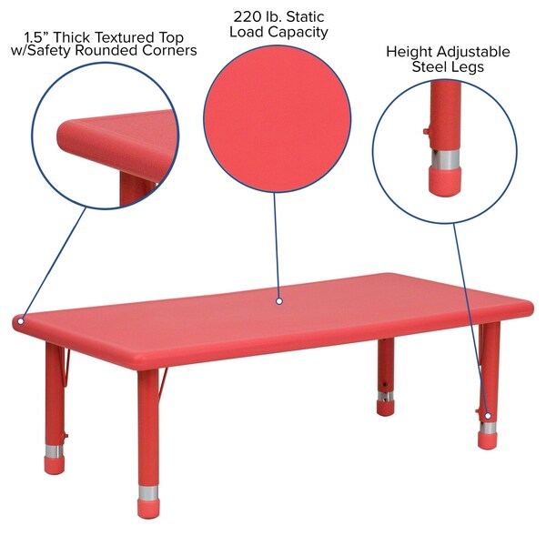 Flash Furniture Rectangle Activity Table, 24 W, 48 L, 23.75 H, Plastic, Steel, Red - YU-YCX-001-2-RECT-TBL-RED-GG