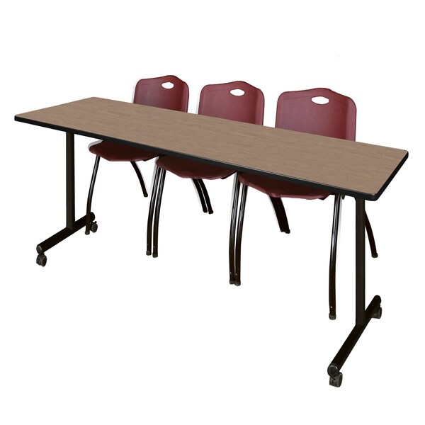Regency Kobe Mobile T-Base Training Table W/ 2 M Stack Chairs, 84 in W, 24 in L, Noble Oak - MKTRCC8424NO47BY