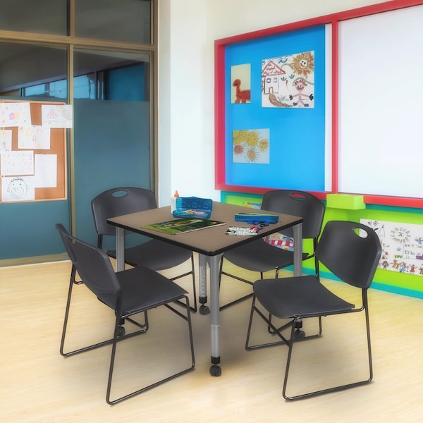Regency Square Kee Mobile Adjustable Classroom Table W/ 4 Zeng Stack Chairs, 30 in W, 30 in L, Noble Oak - TB3030NOAPCGY44BK