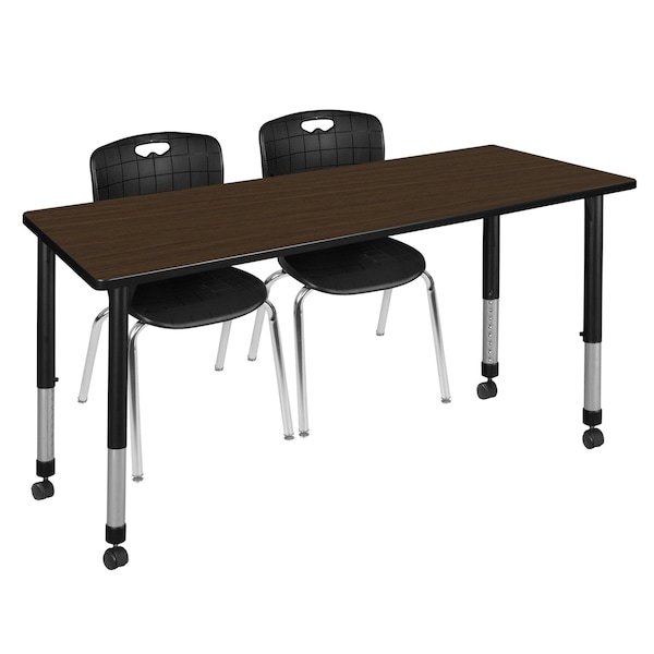 Regency Kee Mobile Adjustable Classroom Table W/ 2 Andy Stack Chairs, 72 in W, 24 in L, Neo Walnut - MT7224NWAPCBK40BK