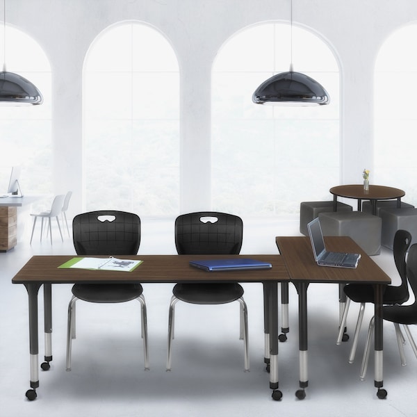 Regency Kee Mobile Adjustable Classroom Table W/ 2 Andy Stack Chairs, 72 in W, 24 in L, Neo Walnut - MT7224NWAPCBK40BK