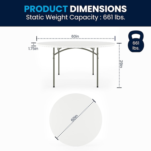 Flash Furniture Round Folding Table, 60" W, 60" L, 29" H, Plastic Top, White - RB-60R-GG