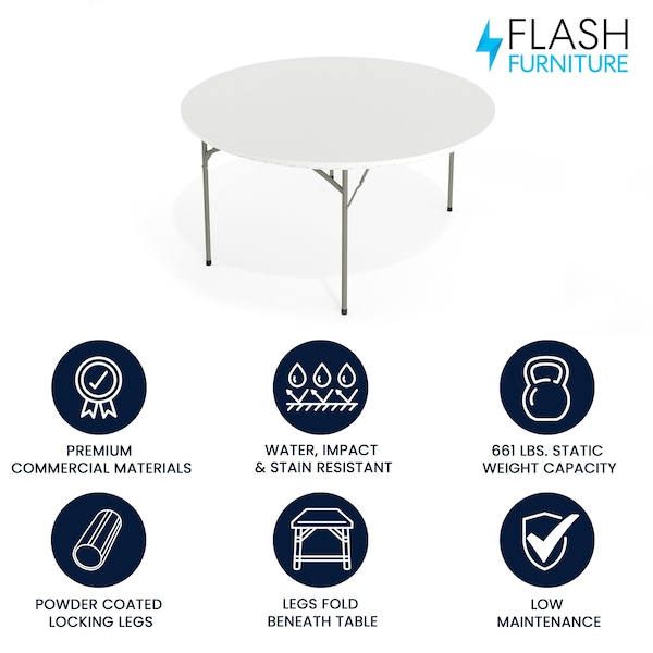 Flash Furniture Round Folding Table, 60" W, 60" L, 29" H, Plastic Top, White - RB-60R-GG