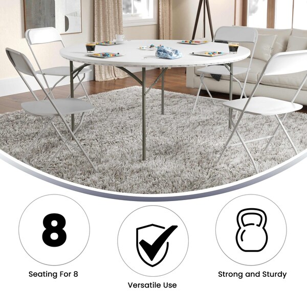 Flash Furniture Round Folding Table, 60" W, 60" L, 29" H, Plastic Top, White - RB-60R-GG