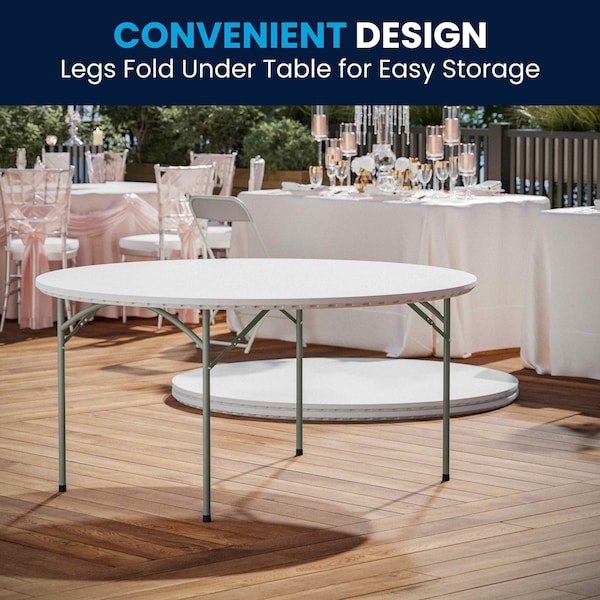 Flash Furniture Round Folding Table, 60" W, 60" L, 29" H, Plastic Top, White - RB-60R-GG