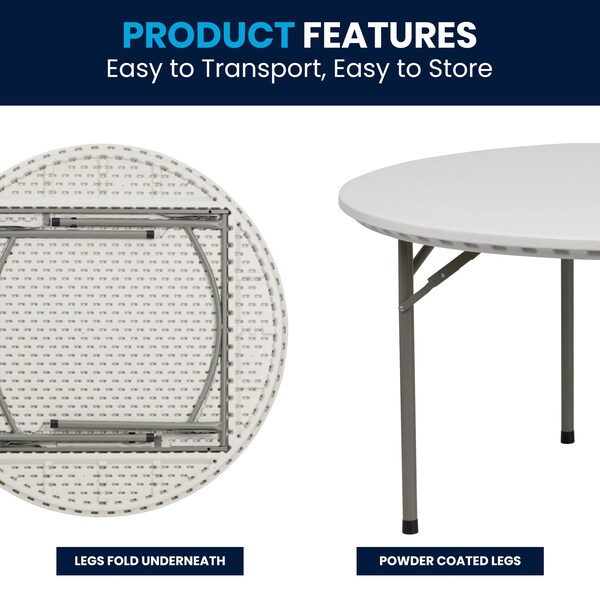 Flash Furniture Round Folding Table, 60" W, 60" L, 29" H, Plastic Top, White - RB-60R-GG