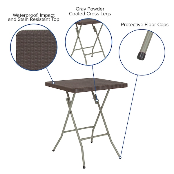 Flash Furniture Square Rattan Folding Table, Square, Brown, 23.5", 23.5" W, 23.5" L, 29" H, Plastic Top, Brown - DAD-FT60-GG