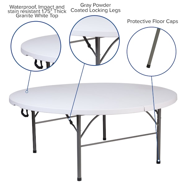 Flash Furniture Round Folding Table, 70.75" W, 70.75" L, 29" H, Plastic Top, White - RB-183RFH-GG
