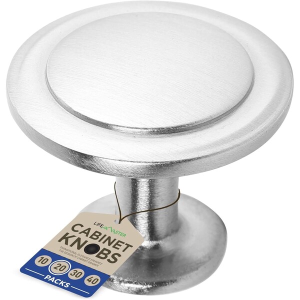 Lifemaster 1-1/4in Brushed Nickel Cabinet Knobs, Rust-Proof Zinc Alloy, Adjustable Screws, 20PK - LMKNBNICK20