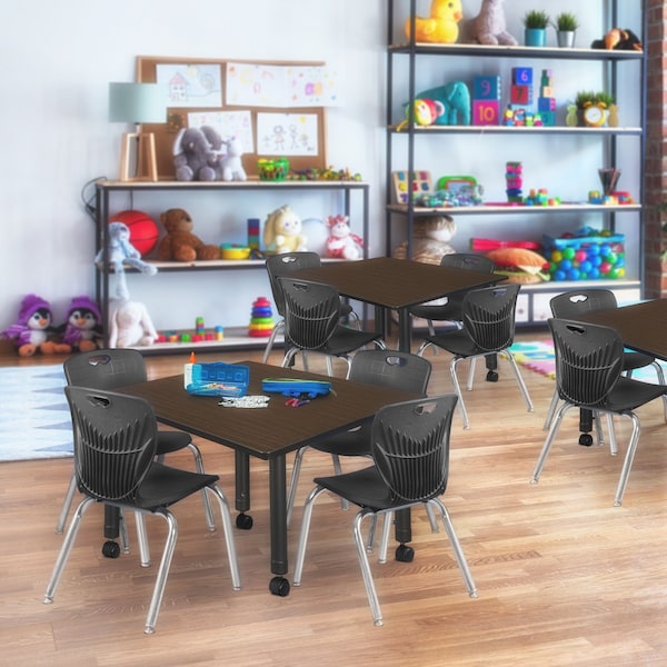 Regency Square Kee Mobile Adjustable Classroom Table W/ 4 Andy Chairs, 48 in W, 48 in L, Neo Walnut - TB4848NWAPCBK45BK