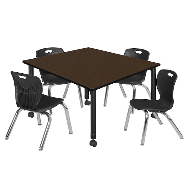 Regency Square Kee Mobile Adjustable Classroom Table W/ 4 Andy Chairs, 48 in W, 48 in L, Neo Walnut - TB4848NWAPCBK45BK