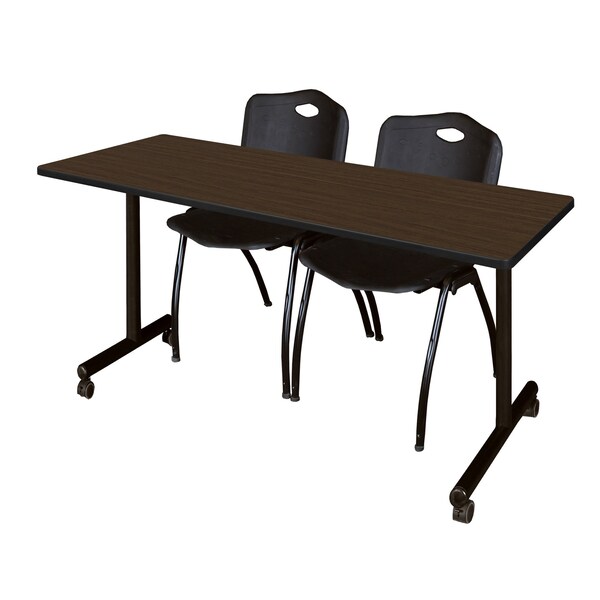 Regency Kobe Mobile T-Base Training Table W/ 2 M Stack Chairs, 72 in W, 24 in L, Neo Walnut - MKTRCC7224NW47BK