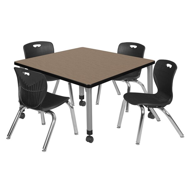 Regency Square Kee Mobile Adjustable Classroom Table W/ 4 Andy Chairs, 42 in W, 42 in L, Noble Oak - TB4242NOAPCGY45BK
