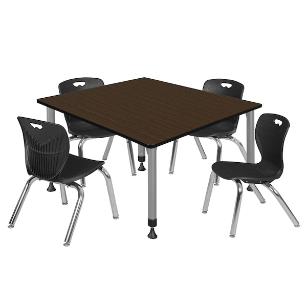 Regency Square Kee Adjustable Classroom Table W/ 4 Andy Stack Chairs, 48 in W, 48 in L, Neo Walnut - TB4848NWAPGY45BK