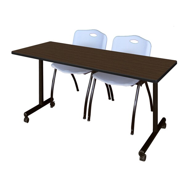 Regency Kobe Mobile T-Base Training Table W/ 2 M Stack Chairs, 72 in W, 24 in L, Neo Walnut - MKTRCC7224NW47GY