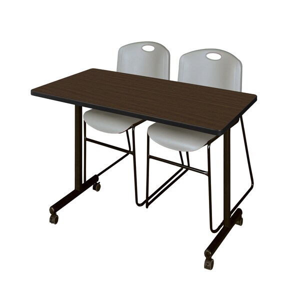 Regency Kobe Mobile T-Base Training Table W/ 2 Zeng Stack Chairs, 48 in W, 24 in L, Neo Walnut - MKTRCC4824NW44GY