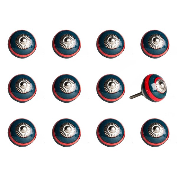 Homeroots Ceramic & Metal Navy & Red Knob; Pack of 12 - 1.5 x 1.5 x 1.5 in. - 358127