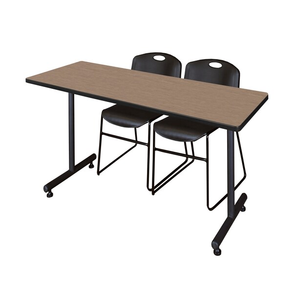 Regency Kobe T-Base Training Seminar Table W/ 2 Zeng Stack Chairs, 66 in W, 30 in L, Noble Oak - MKTRCT6630NO44BK