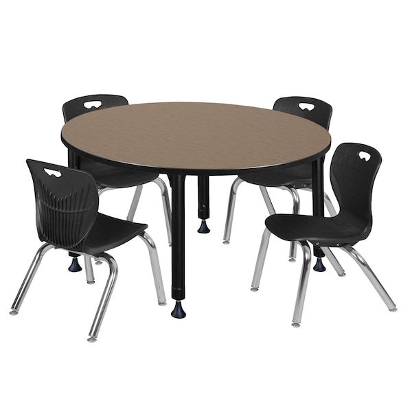 Regency Round Kee Adjustable Classroom Table W/ 4 Andy Stack Chairs, 48 in W, 48 in L, Noble Oak - TB48RNDNOAPBK45BK