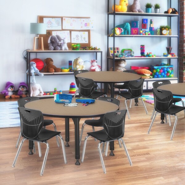 Regency Round Kee Adjustable Classroom Table W/ 4 Andy Stack Chairs, 48 in W, 48 in L, Noble Oak - TB48RNDNOAPBK45BK