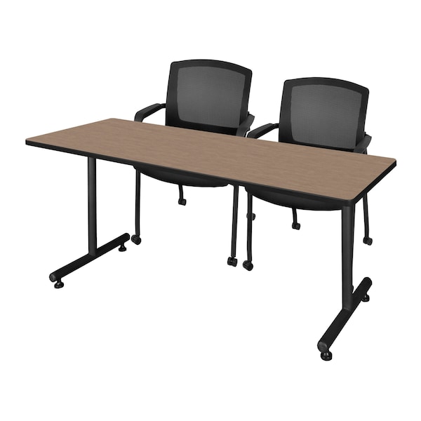 Regency Kobe T-Base Training Seminar Table W/ 2 Knight Mesh Chairs, 72 in W, 24 in L, Noble Oak - MKTRCT7224NO56CBK