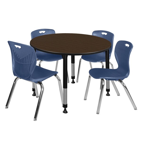 Regency Round Kee Adjustable Classroom Table W/ 4 Andy Stack Chairs, 48 in W, 48 in L, Neo Walnut - TB48RNDNWAPBK40NV