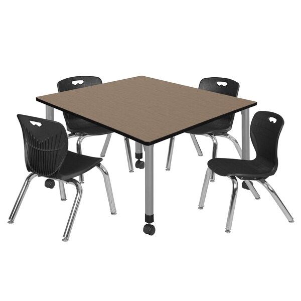 Regency Square Kee Mobile Adjustable Classroom Table W/ 4 Andy Chairs, 48 in W, 48 in L, Noble Oak - TB4848NOAPCGY45BK