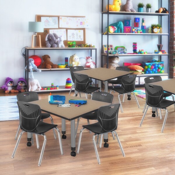 Regency Square Kee Mobile Adjustable Classroom Table W/ 4 Andy Chairs, 48 in W, 48 in L, Noble Oak - TB4848NOAPCGY45BK