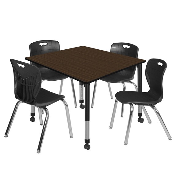 Regency Square Kee Mobile Adjustable Classroom Table W/ 4 Andy Chairs, 48 in W, 48 in L, Neo Walnut - TB4848NWAPCBK40BK