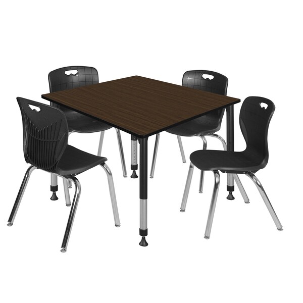 Regency Square Kee Adjustable Classroom Table W/ 4 Andy Stack Chairs, 48 in W, 48 in L, Neo Walnut - TB4848NWAPBK40BK