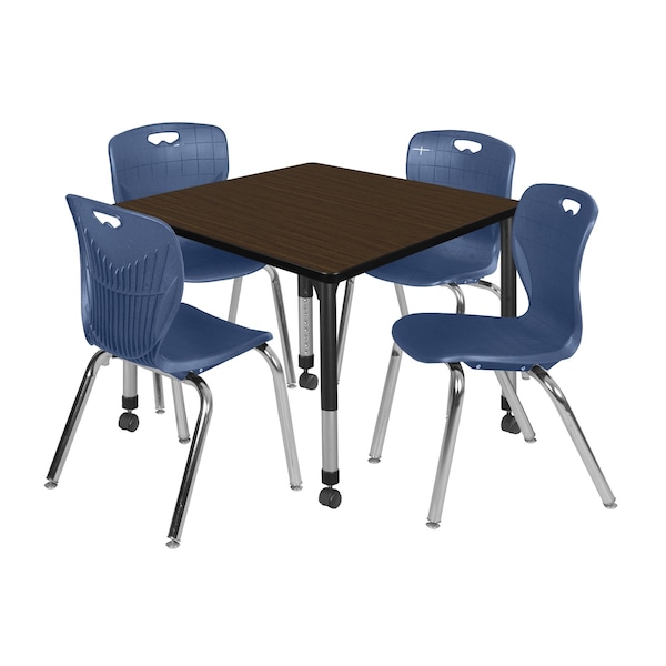 Regency Square Kee Mobile Adjustable Classroom Table W/ 4 Andy Chairs, 36 in W, 36 in L, Neo Walnut - TB3636NWAPCBK40NV