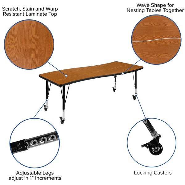 Flash Furniture Round 60 W, 86 L, 25 H, Chrome, Laminate, Particleboard, Plastic, Steel, Wood Grain - XU-GRP-14CH-A3060CON-60-OAK-T-P-CAS-GG