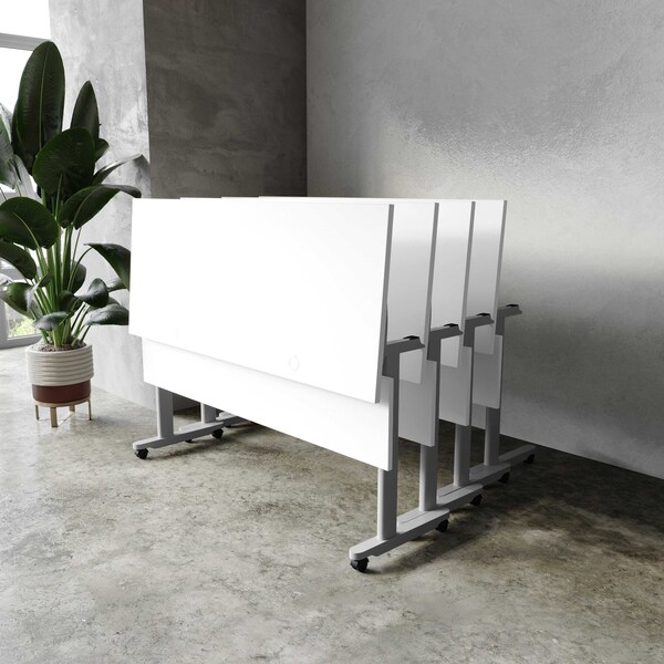 Flash Furniture Palmer 60in. x 24in. HD Nesting Table w/T-Legs, Modesty Panel, 1in. Thick White Tabletop, Gry Frame - MT-M6024-T-LEG-WHTGRY-GG