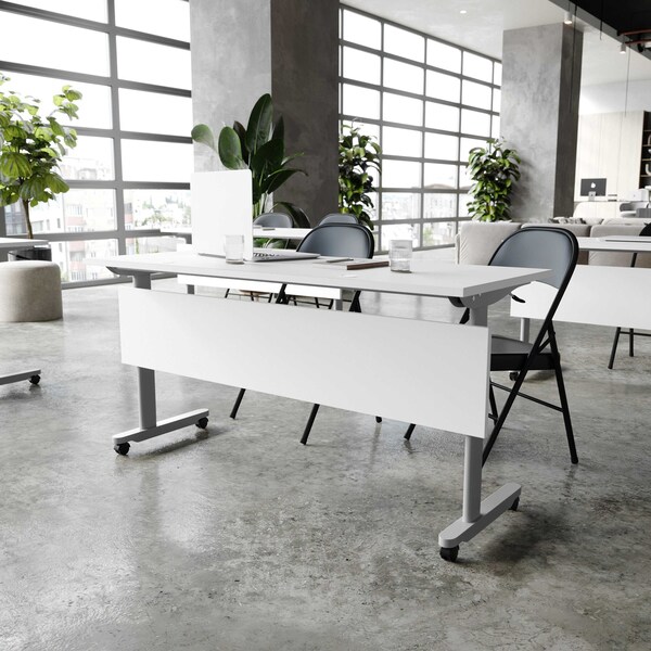 Flash Furniture Palmer 60in. x 24in. HD Nesting Table w/T-Legs, Modesty Panel, 1in. Thick White Tabletop, Gry Frame - MT-M6024-T-LEG-WHTGRY-GG